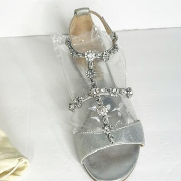 BADGLEY MISCHKA Terry II Wedge Sandals Rhinestone Embellished Silver Womens US 7 - Picture 12 of 15